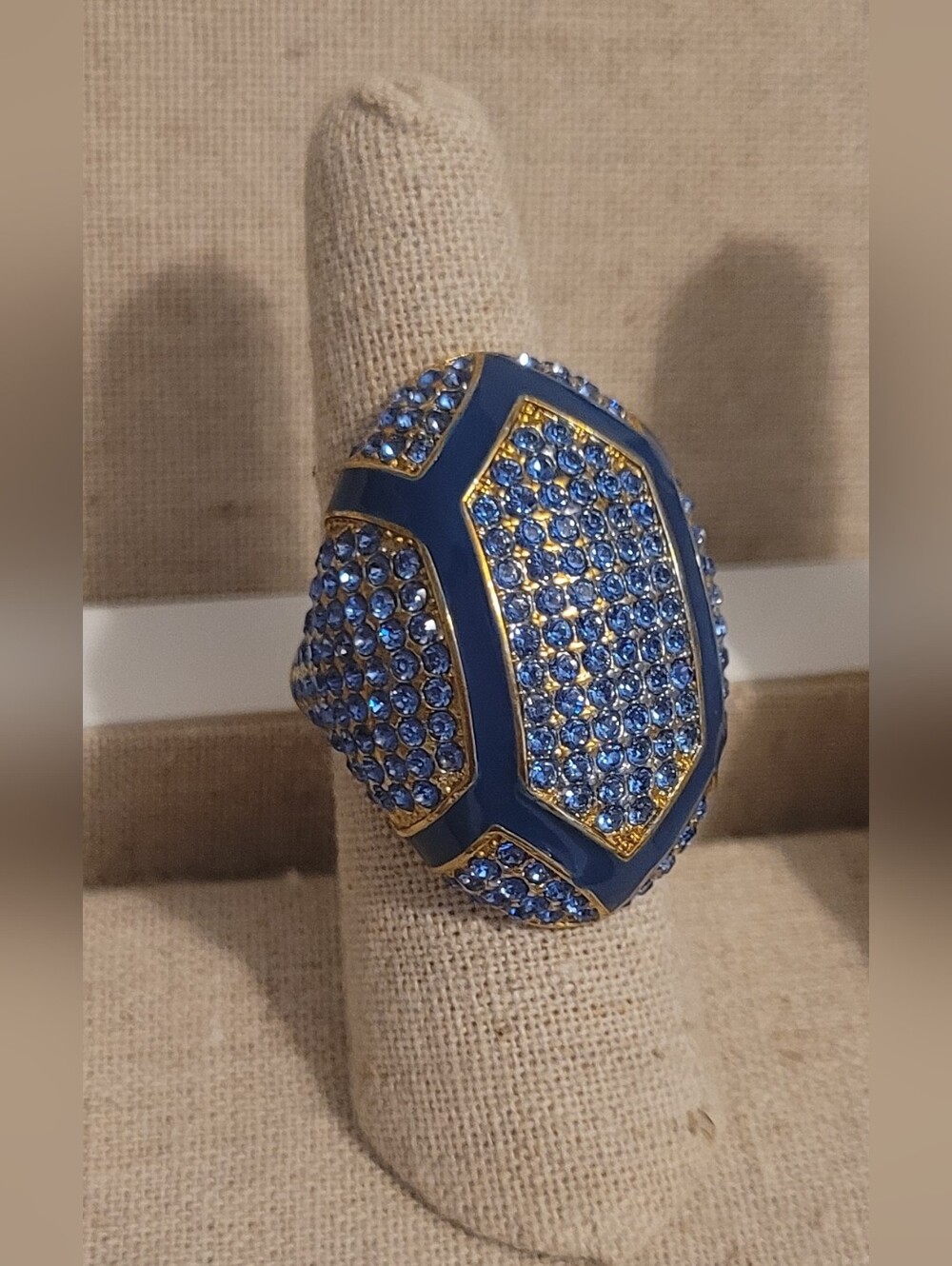 Akkad Trendy Gold Blue Pave Crystal Enamel Huge Statement Dome Cocktail Ring 6.5